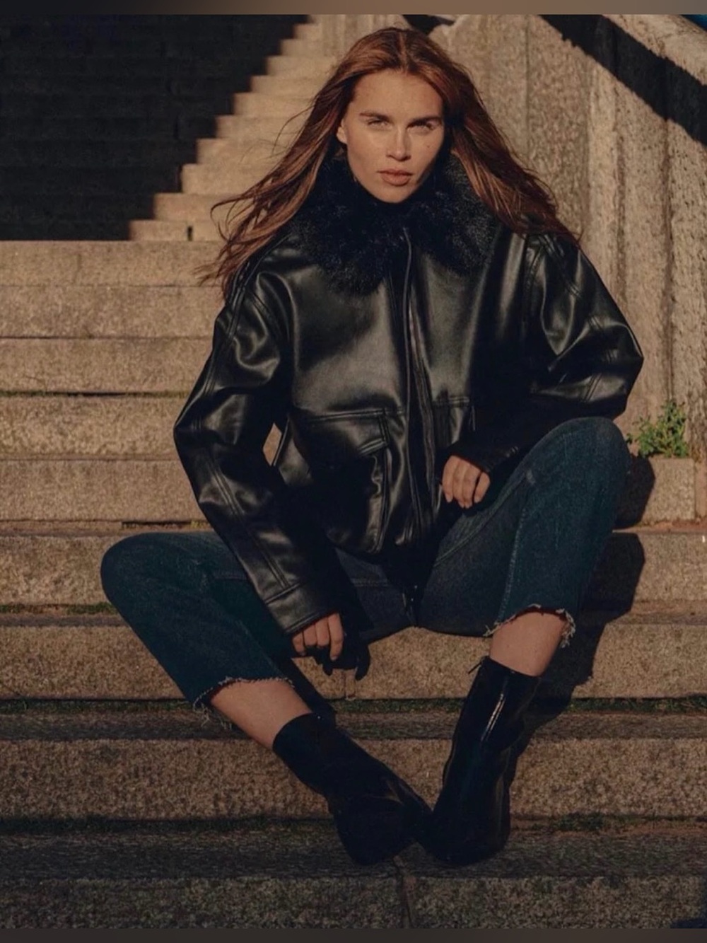 🔥🔥Zara Black Faux Leather Bomber Jacket with Faux Fur Collar
